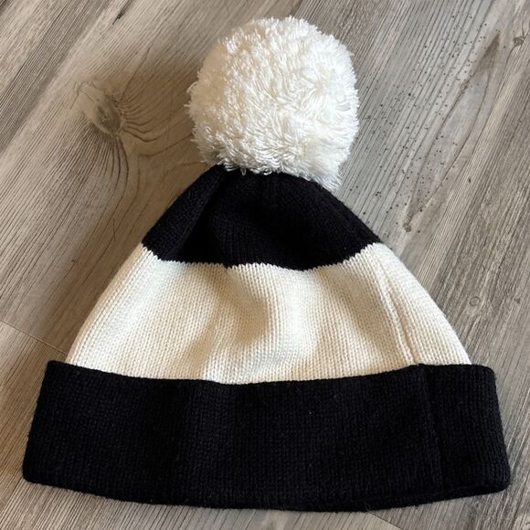 Kate Spade Pom Pom Beanie Hat Cap Gold Logo Knit Black Cream Womens One Size - Picture 2 of 8